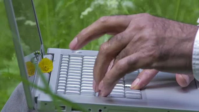 男人在美丽的大自然的笔记本电脑上工作