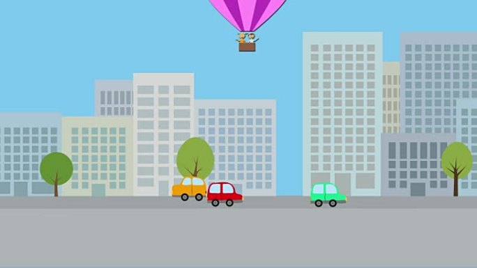 热气球上有年轻男孩和女孩在城市上空飞行