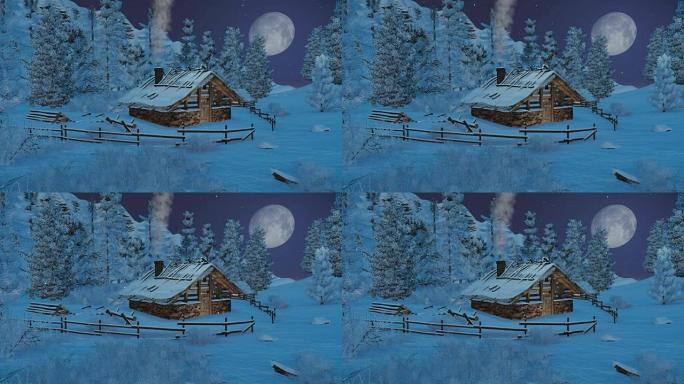 降雪之夜山上的小木屋