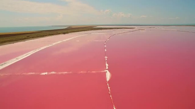 粉红色浮游生物色盐海水蒸发池的鸟瞰图