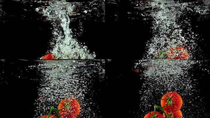 一堆红色成熟的西红柿落水超级慢动作视频