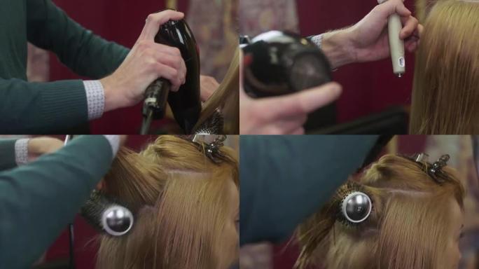 理发师在美容沙龙里用梳子和吹风机给女孩发根。制作体积发型