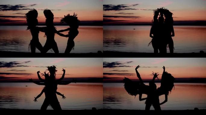 女孩在湖边的日落中跳舞