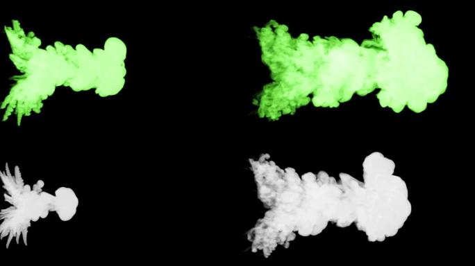 荧光亮绿色水粉喷在水中，一滴墨水。这是慢动作的3d渲染拍摄，用于与阿尔法通道合成的墨水背景或墨水效果