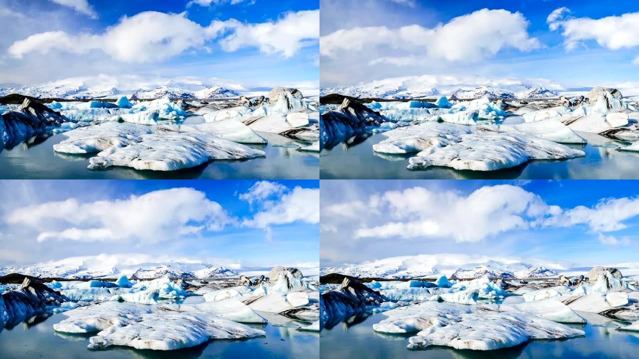 冰岛Jokulsarlon冰川泻湖融化的冰山的延时