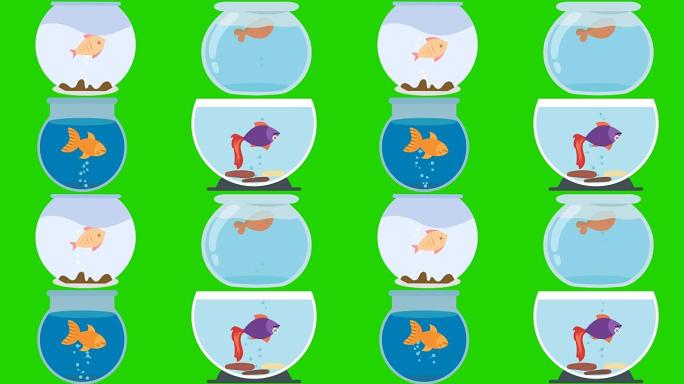 绿色屏幕上有死鱼的卡通鱼缸