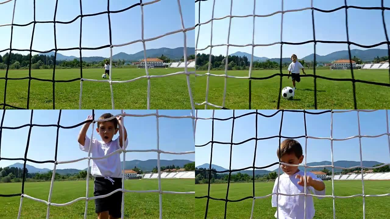 跟踪一个3岁小男孩在足球场进球的摄像机
