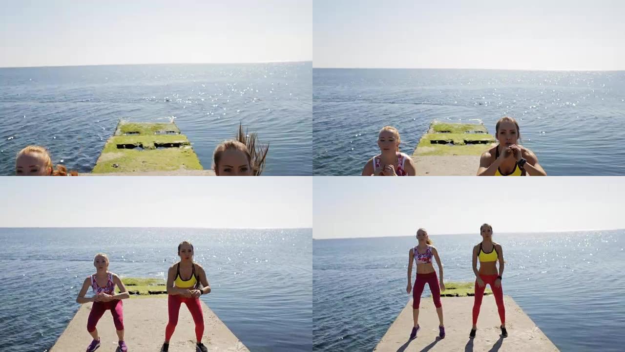 在海边码头上跳的运动女友。运动训练。