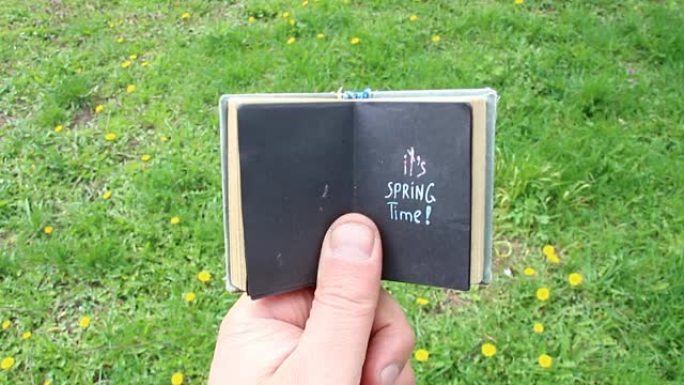 春天的时候。关于草和花背景的书中的文字