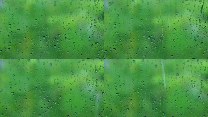 落在模糊的绿色背景上的透明玻璃上的落雨滚滚