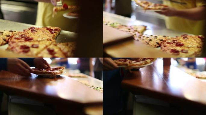 意大利辣香肠比萨饼片供应给顾客-CU，慢动作