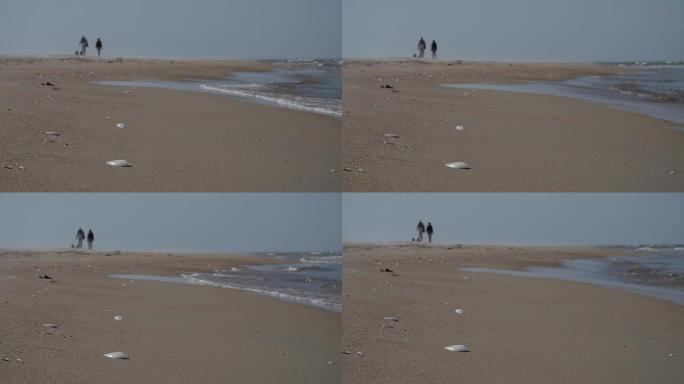 无法识别的人剪影在沙滩上行走，慢动作