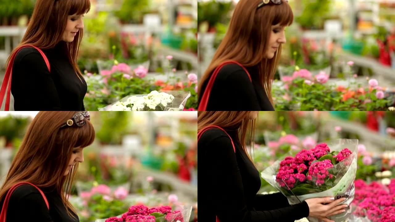 美丽的顾客在商店里选择鲜花