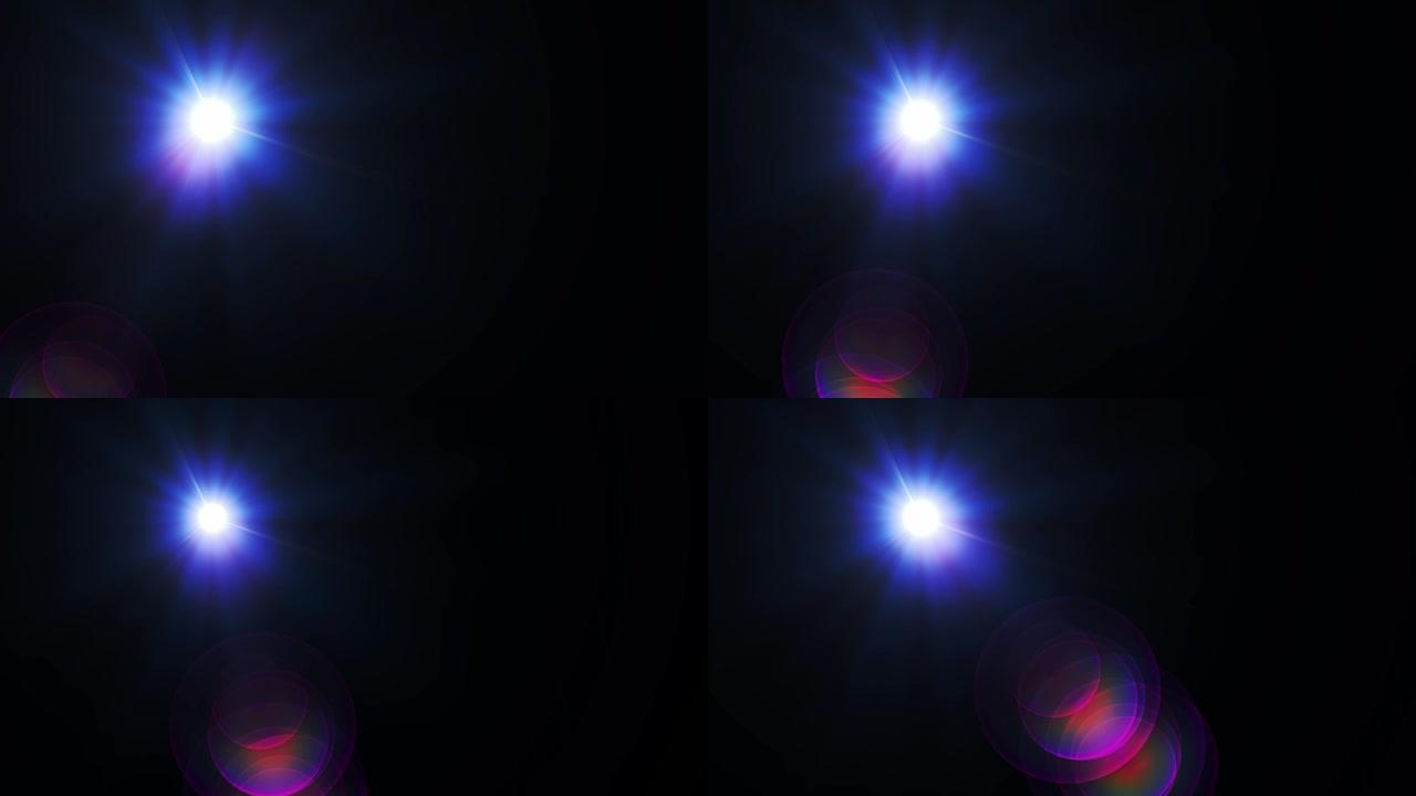 数字镜头闪光在黑色背景水平框架温暖与4k视频。现代自然耀斑效应。太空中的阳光。