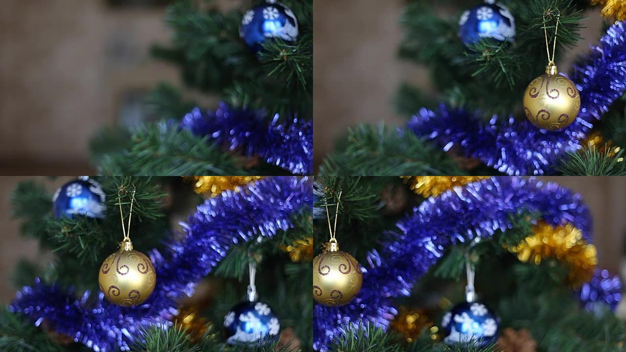 圣诞装饰蓝色和黄色球