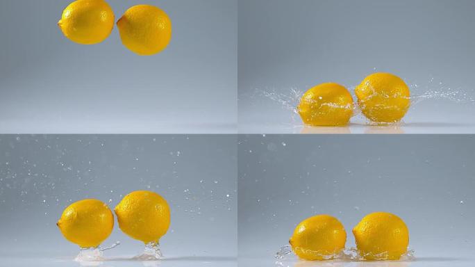 黄色柠檬，柑橘柠檬味，落水水果，慢动作4K