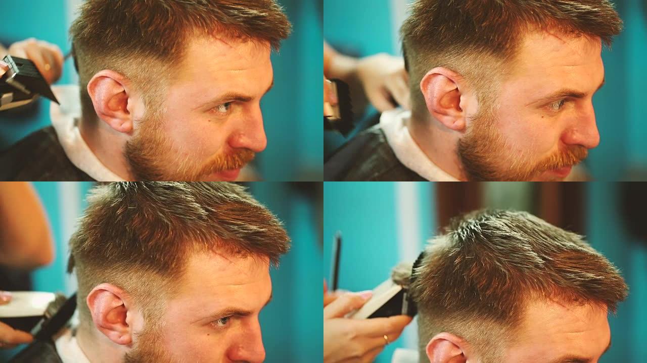 理发师用剪刀剪掉客户的头发