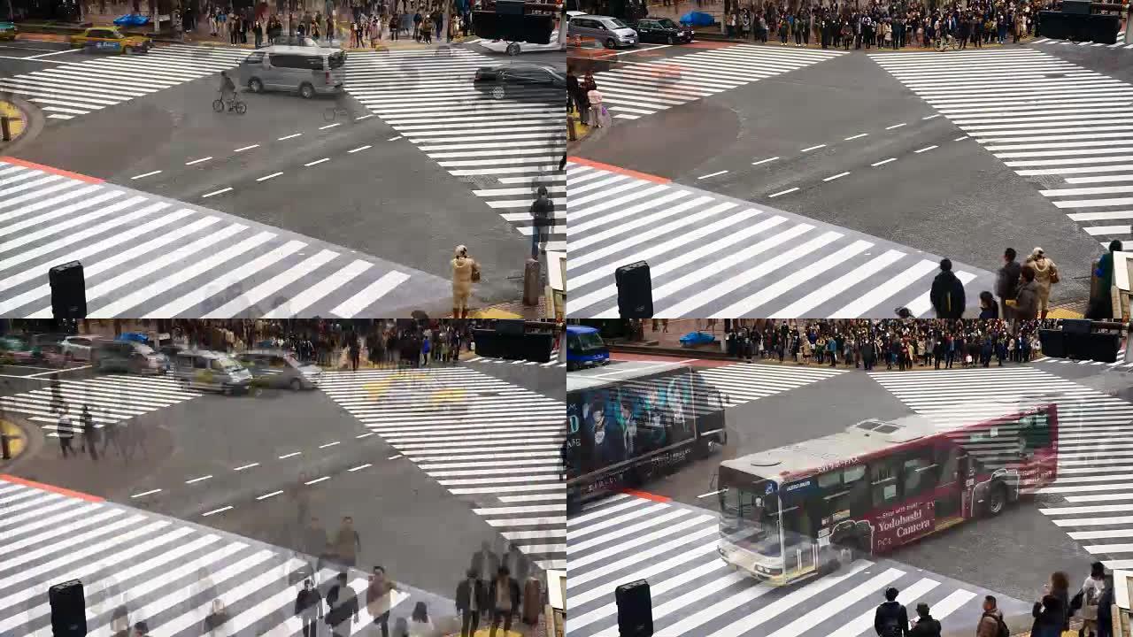 4k时间流逝: 行人在涩谷十字路口过马路