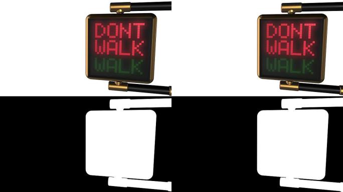 循环动画背景: 3d老式金色街道交通信号灯，在黑色像素上交替更改 “不要走/走” 红色和绿色。4k。