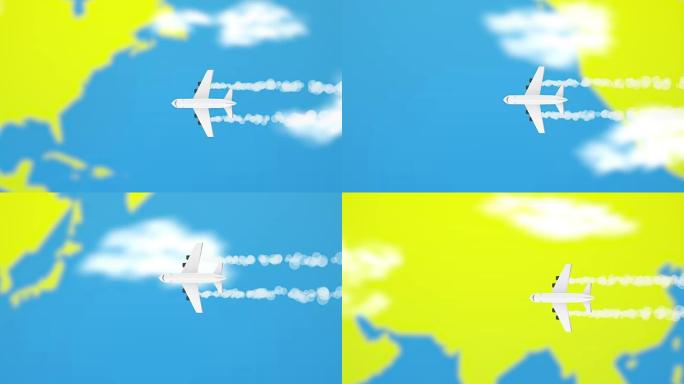 飞机旅行。旅行理念与飞机环绕蓝绿色世界地球，卡通风格。