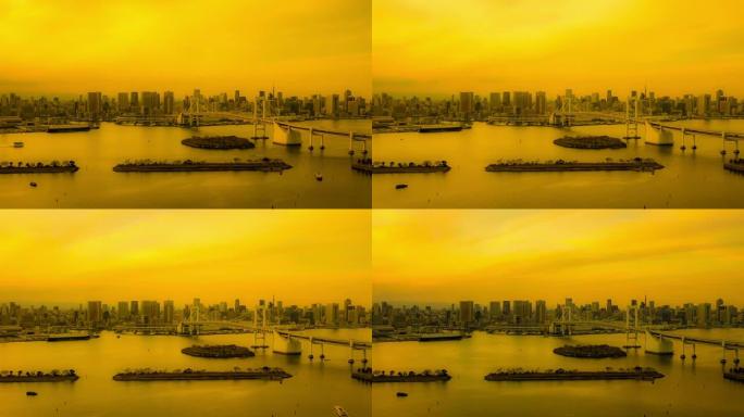 彩虹桥和东京铁塔的东京湾黄色调，4K