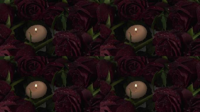雨倒蜡烛，红玫瑰，为死的慢动作素材录像悲伤