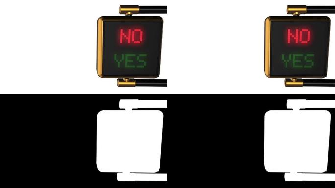 3d动画: 循环动画背景。老式的金色街道交通信号灯，在黑色像素上交替更改 “否/是” 红色和绿色。4