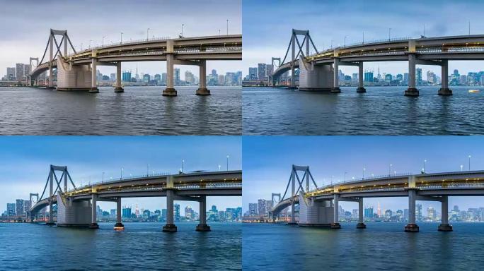 日夜延时: 彩虹桥与东京塔和东京湾shutoo高速公路日本台场市区11号