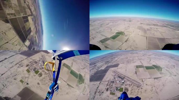 专业跳伞运动员在亚利桑那州上空的蓝天中打开降落伞。晴天