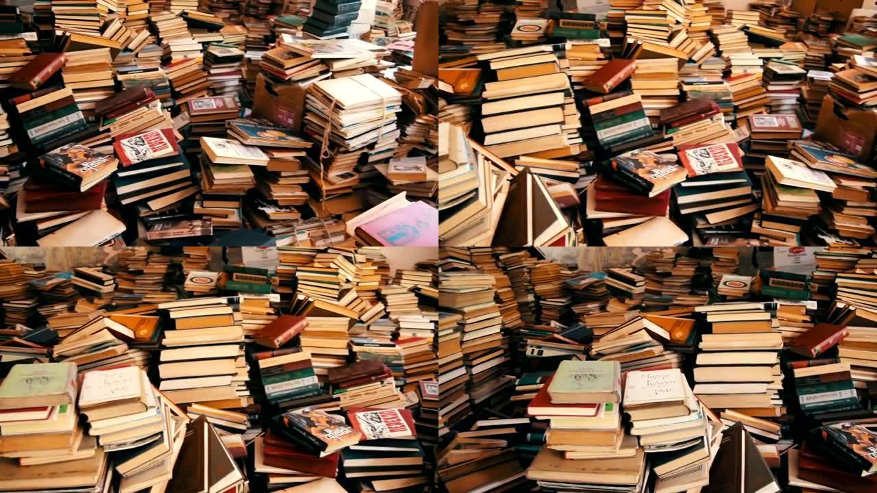图书馆里散落在地板上的一堆书