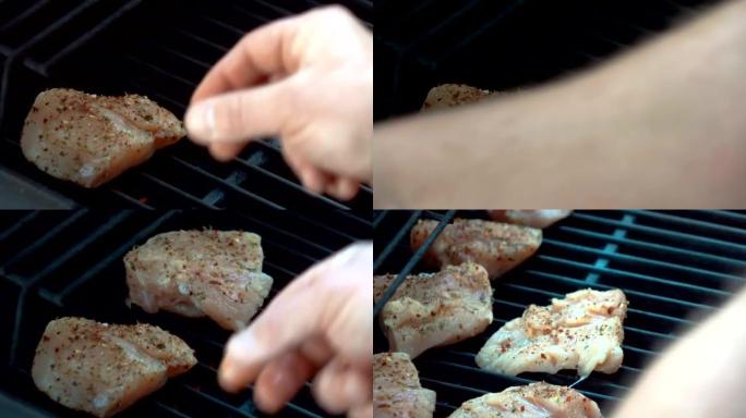 将家禽放在烤架上的两个视频-真正的慢动作