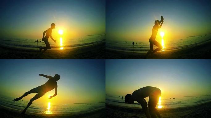 跑酷自由跑步者在夏日海滩日落时练习后空翻跳跃。Steadicam慢动作镜头