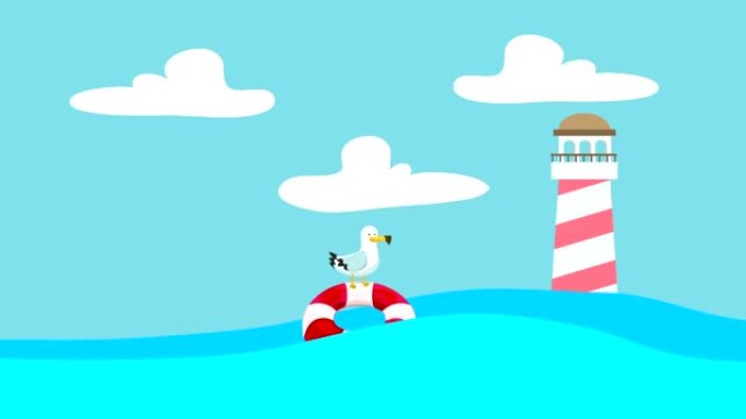 卡通海鸥站在漂浮在海浪与灯塔之间的救生圈上