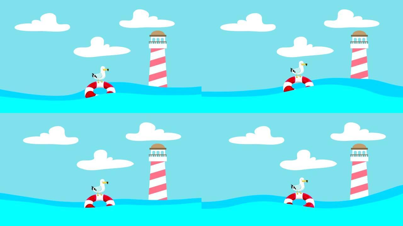 卡通海鸥站在漂浮在海浪与灯塔之间的救生圈上