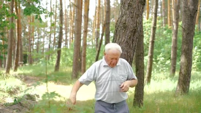 老人在针叶林大自然中户外奔跑