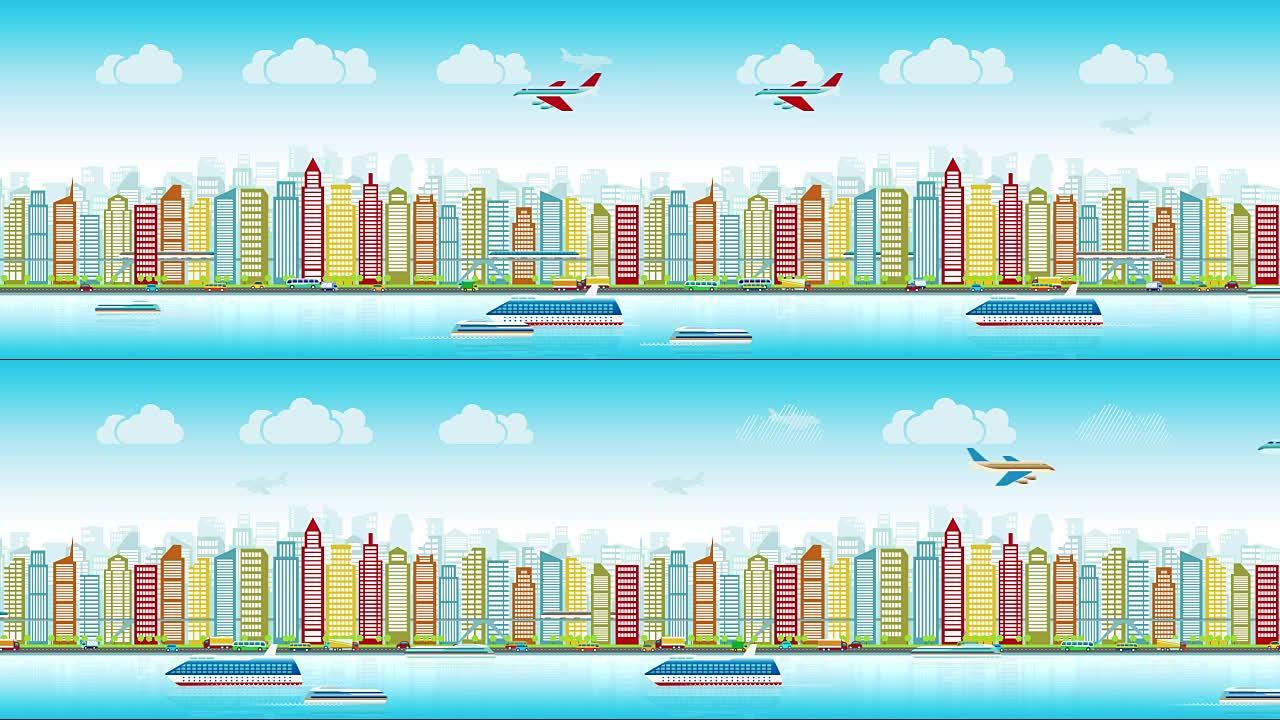 五颜六色的城市天际线，各种车辆的交通以平坦的风格训练飞机汽车船，城市景观，无缝循环