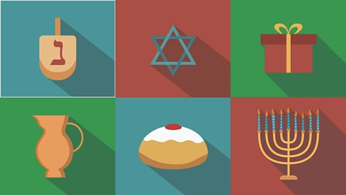 光明节假日平面设计动画图标集，带有传统符号和希伯来语文本