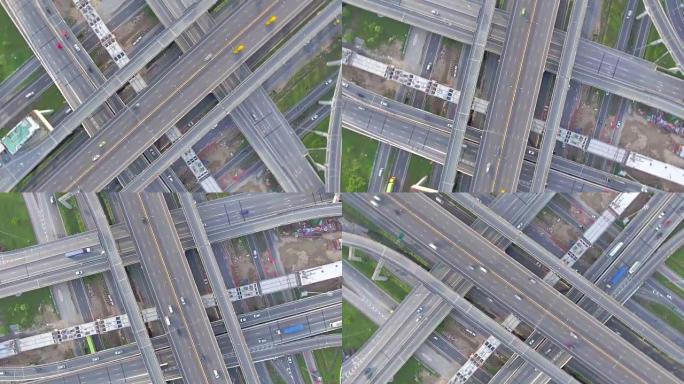 泰国曼谷多叠高速公路和交通，空中俯视图，头顶拍摄