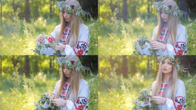 年轻美丽的少女穿着民族装饰刺绣的衬衫，坐在火炉旁的草地上，编了一个花环占卜