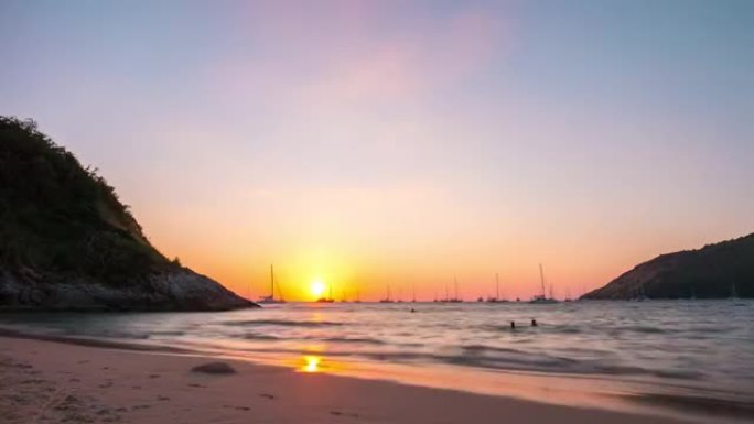 泰国日落普吉岛著名的奈汉海滩全景4k时间流逝
