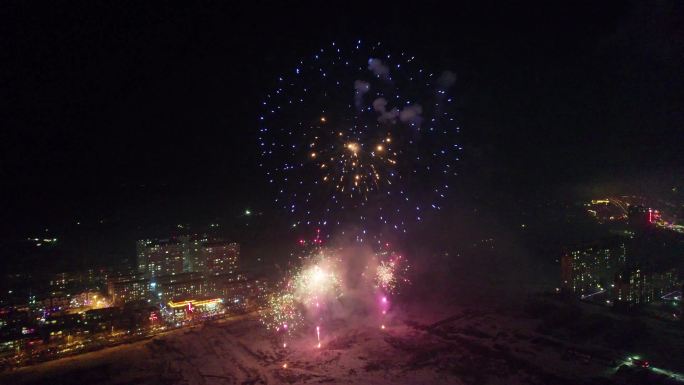 中国黑龙江七台河新年烟花航拍