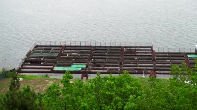 开放水域沿岸的浮桥st鱼养殖场