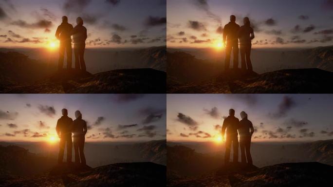 山顶上的夫妇，特写，延时日落