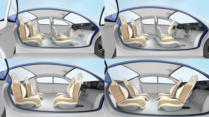自动电动汽车演示。该车提供折叠方向盘，可旋转乘客座位