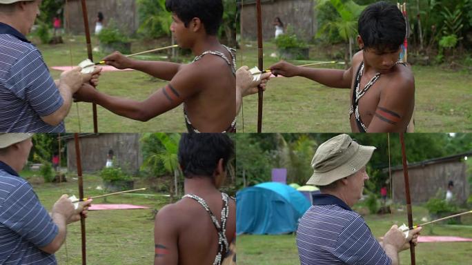 在巴西训练旅游弓箭的土著人