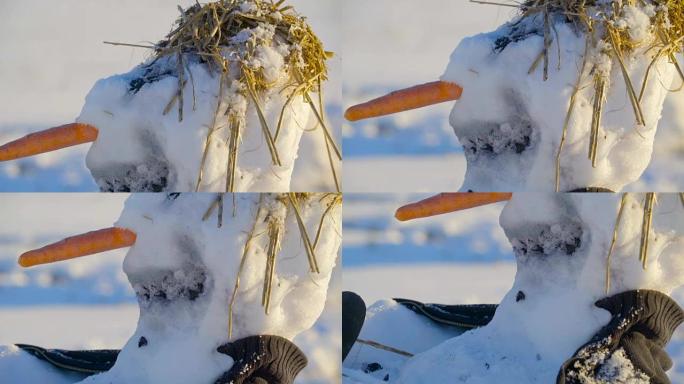 近距离观察雪人的胡萝卜鼻子