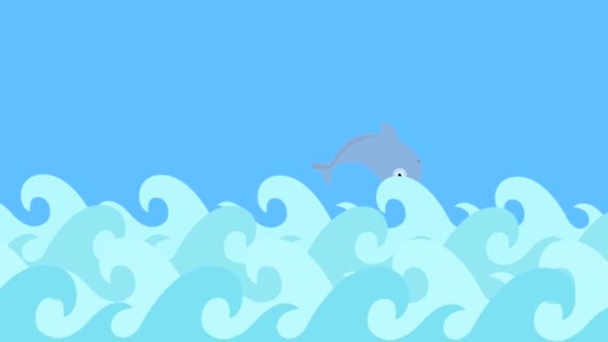 卡通海豚在蓝天上的海浪之间跳跃