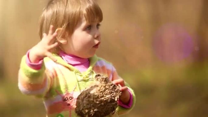 一个可爱的小女孩对她发现的一个古老的蜂巢 (黄蜂的巢) 着迷