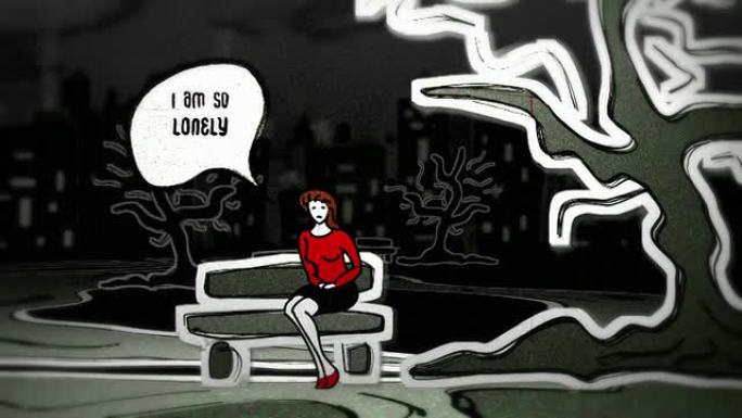 卡通风格动画阴沉城市公园风景-孤独的女人