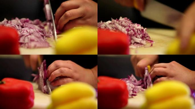 一系列有人准备食物，切割豆类和混合食物的镜头